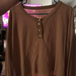 Tan Ribbed Button-Up Women's Top